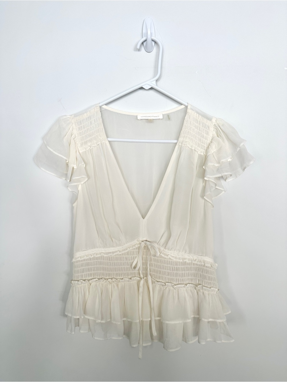 LoveShackFancy Warden Cream Ruffle V-Neck Blouse